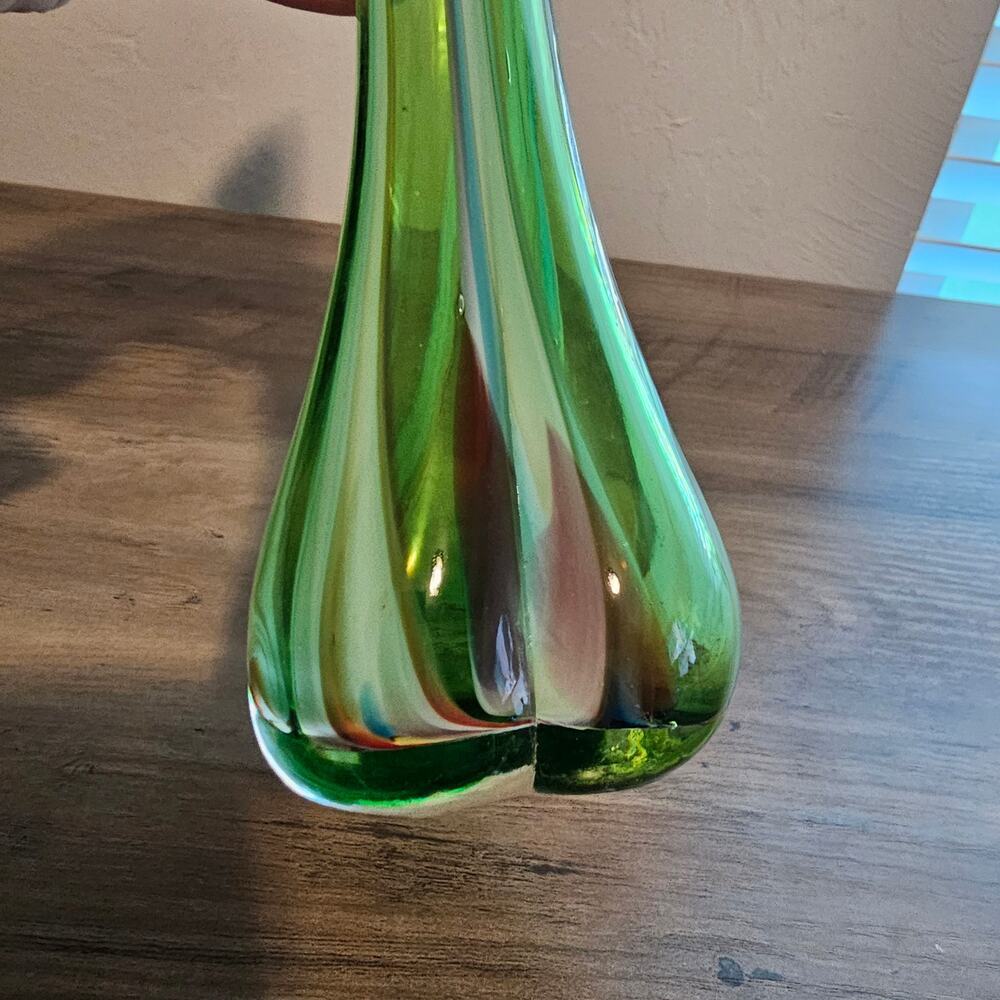 Vintage MCM Hand Blown Glass Stretch Bud Vase 10.5" Green Art Decor 1960s Mod - Picture 2 of 15